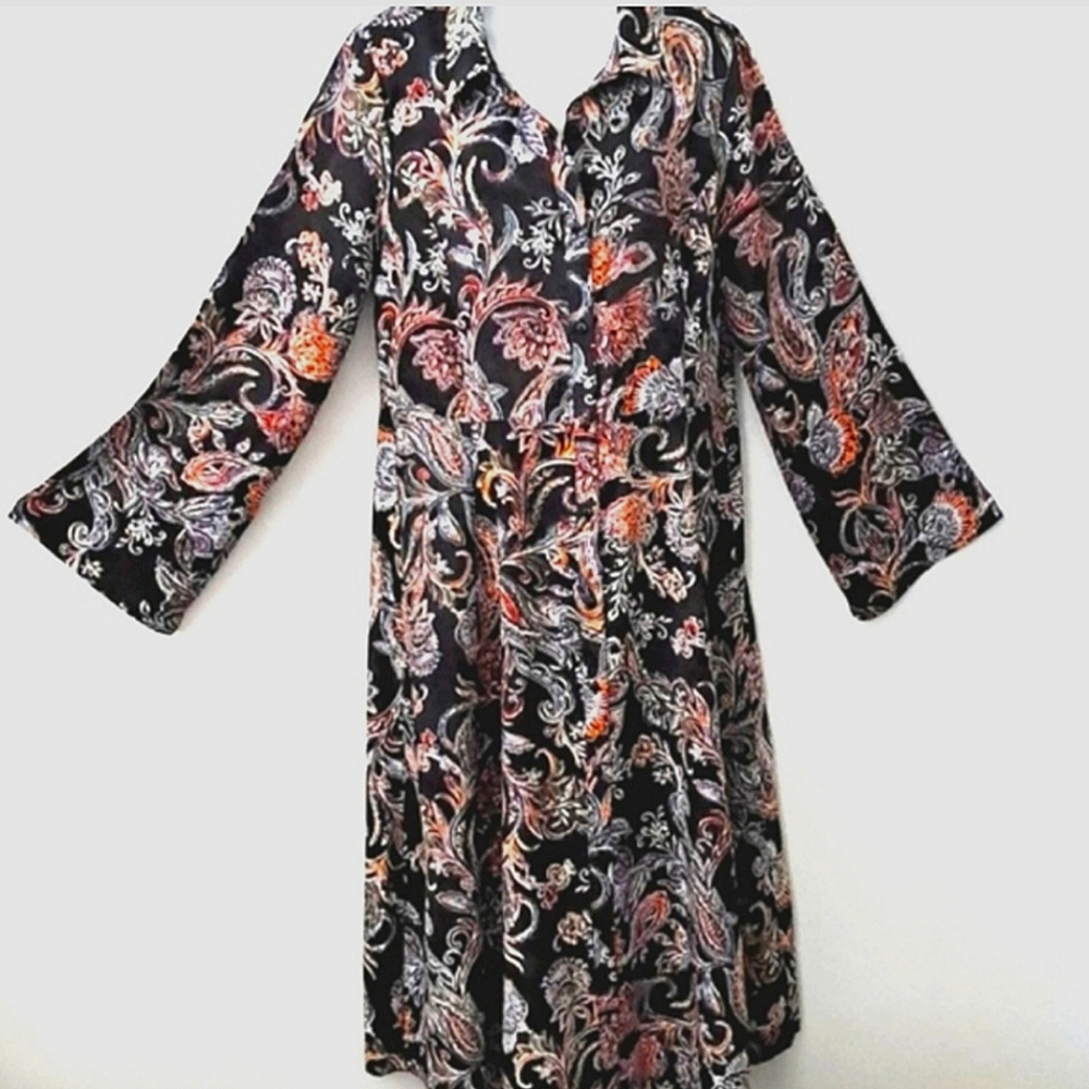Dress Duster Paisley Midi Button Front Collar Long Sleeve Harlow & Rose NWT